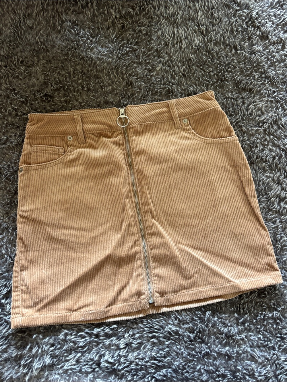 Love Tree Camel Corduroy Front-Zip Mini Skirt